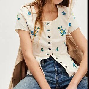 NWT Free People Kelly Embroidered Blouse in Ivory
